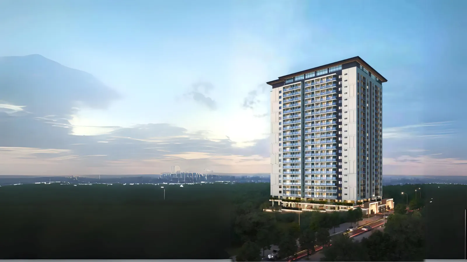 Exterior rendering of an Upper Hill, Nairobi apartment tower with balconies and illuminated windows at dusk.