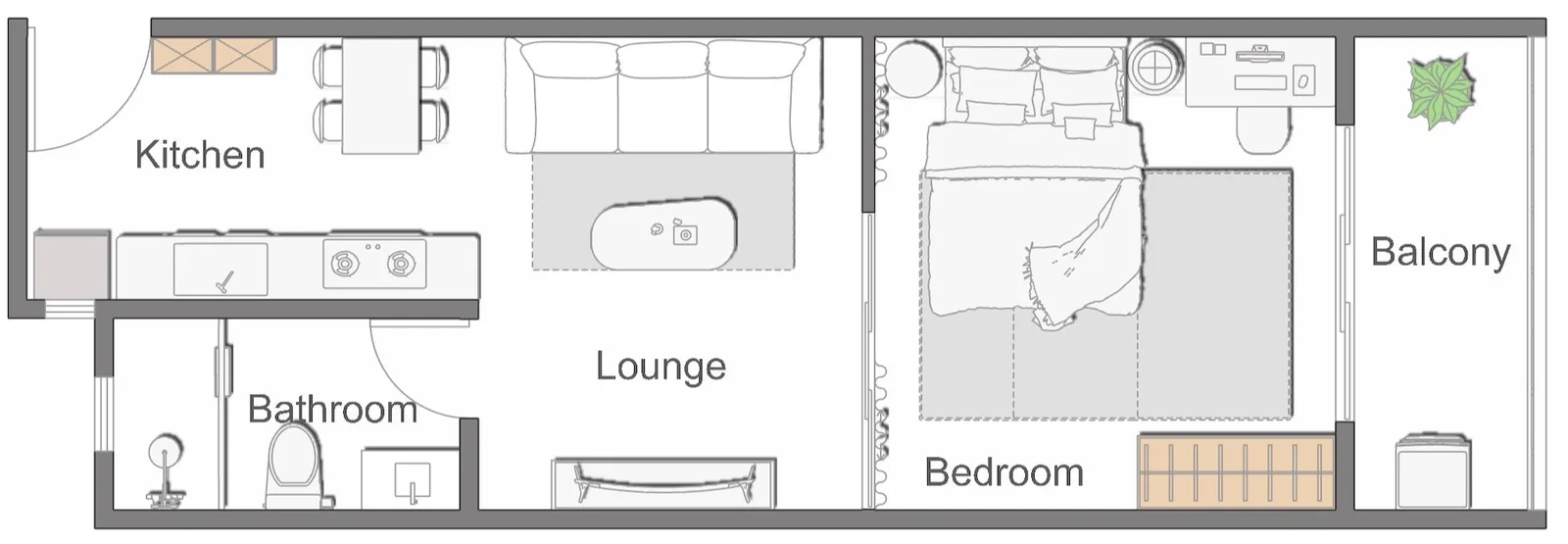 One-bedroom apartment floor plan in Upper Hill, Nairobi, showing kitchen, lounge, bathroom, bedroom and balcony.