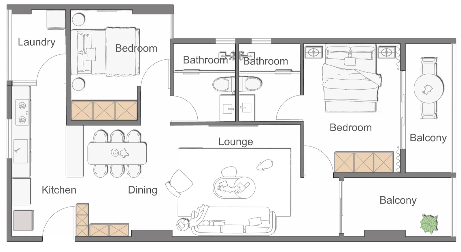 Two-bedroom apartment floor plan in Upper Hill showing two bathrooms, kitchen, dining, lounge, laundry and two balconies.