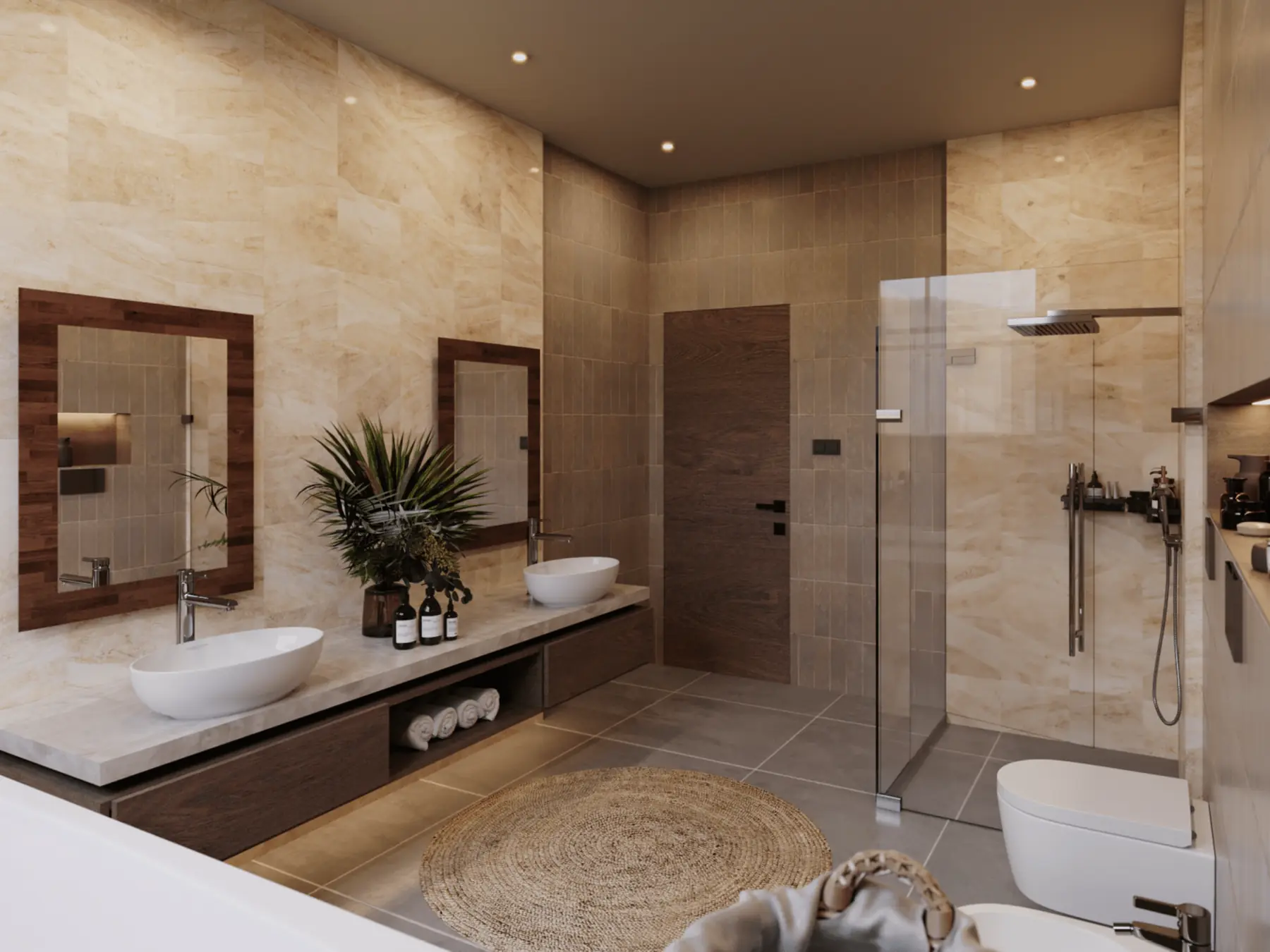 Bathroom rendering at Verde Vista Villas, Lavington, with twin vessel sinks, framed mirrors and a glass-enclosed shower.