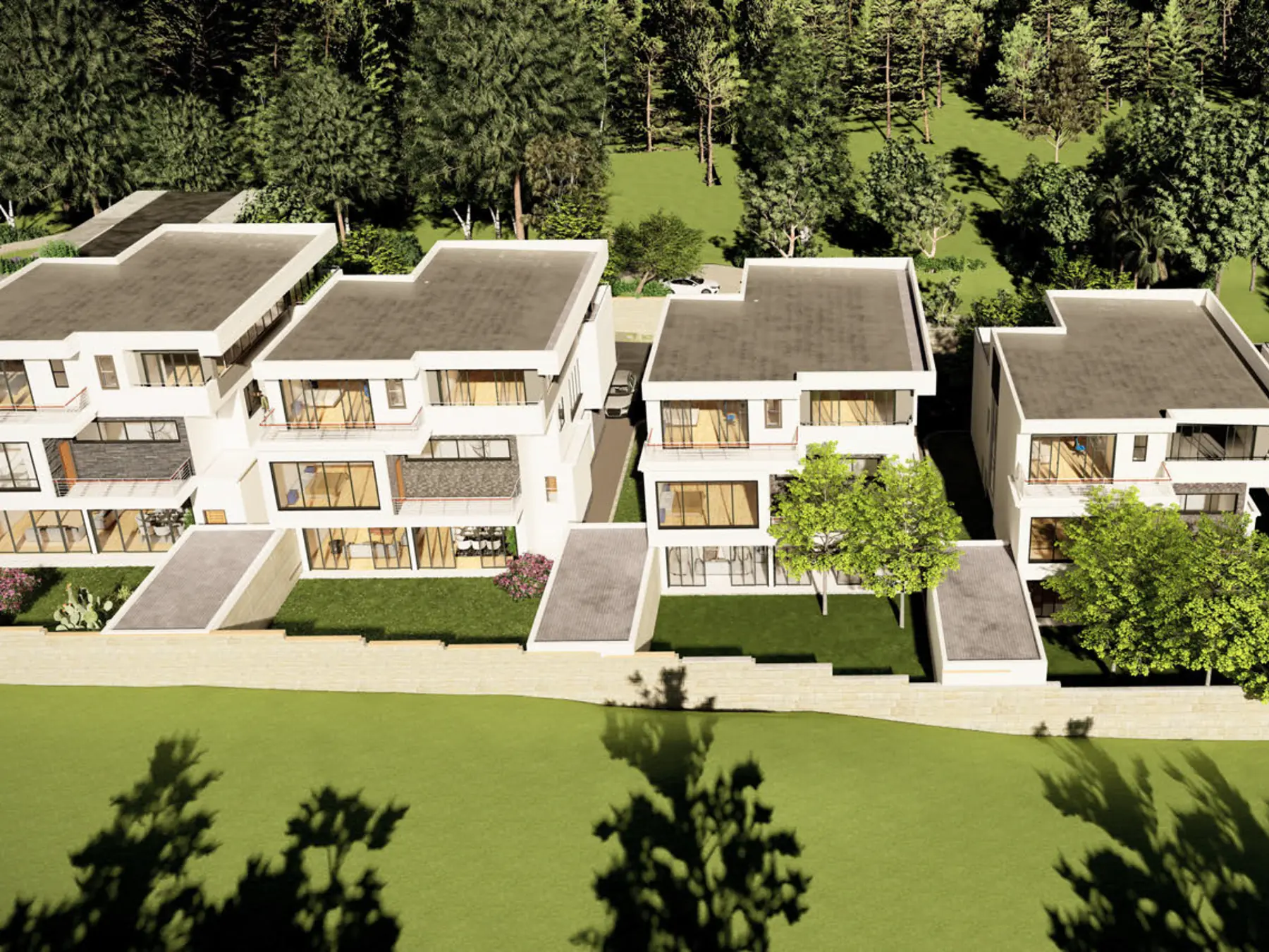 Aerial rendering of Verde Vista Villas in Lavington, with flat roofs, balconies, lawns and surrounding trees.