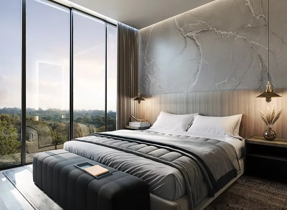 Bedroom at Verona Apartments, Westlands, with floor-to-ceiling windows, grey bedding and an upholstered bench.