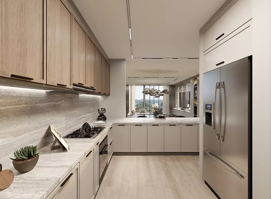 Kitchen at Verona Apartments, Westlands, with wood-toned cabinets, a gas hob, built-in oven and double-door refrigerator.