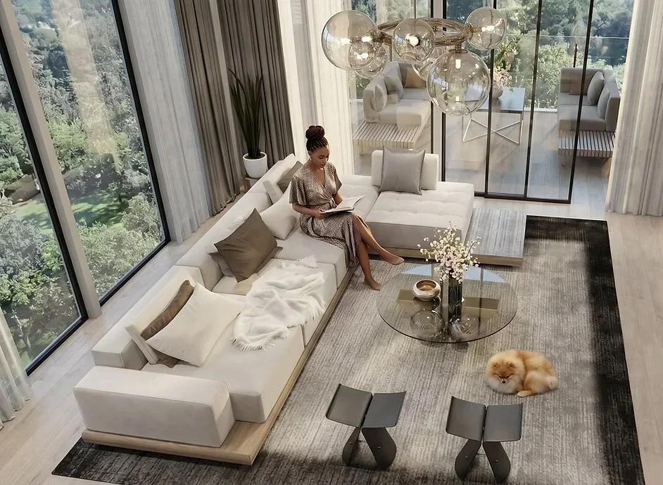 Verona Apartments living room rendering with a white sectional sofa, glass coffee table and furnished balcony.