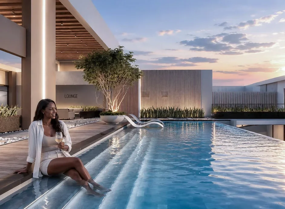 Pool terrace rendering at Verona Apartments, Westlands, with a woman seated by the water at sunset.
