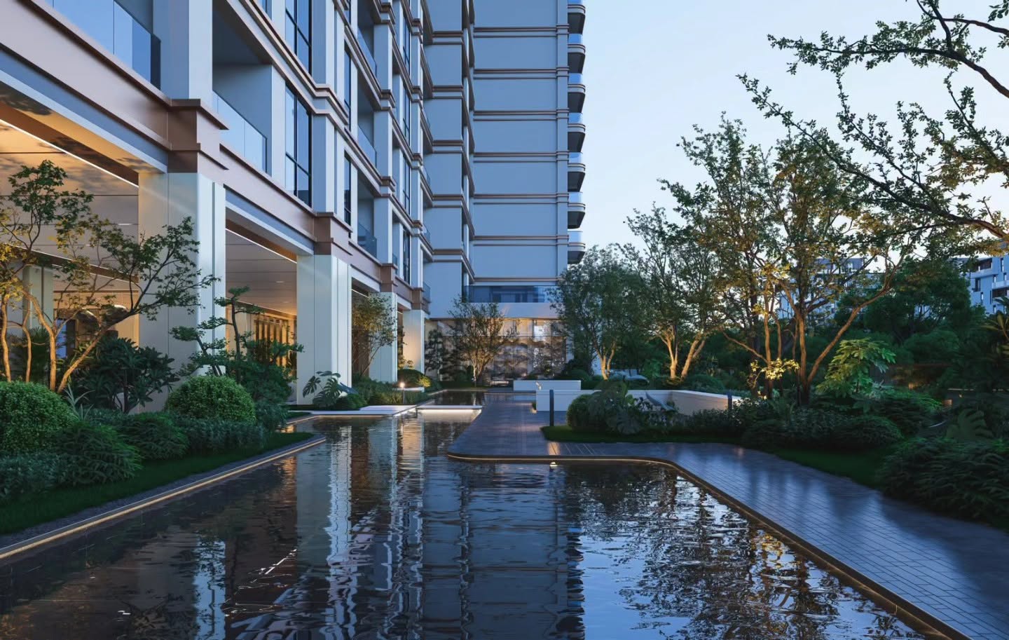 Versailles Garden II courtyard rendering with a water feature, paved walkways and trees beside the apartment building.