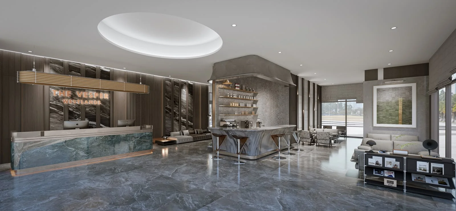 Reception lobby rendering at The Vesper Residency, Westlands, with a café counter, bar stools and lounge seating.
