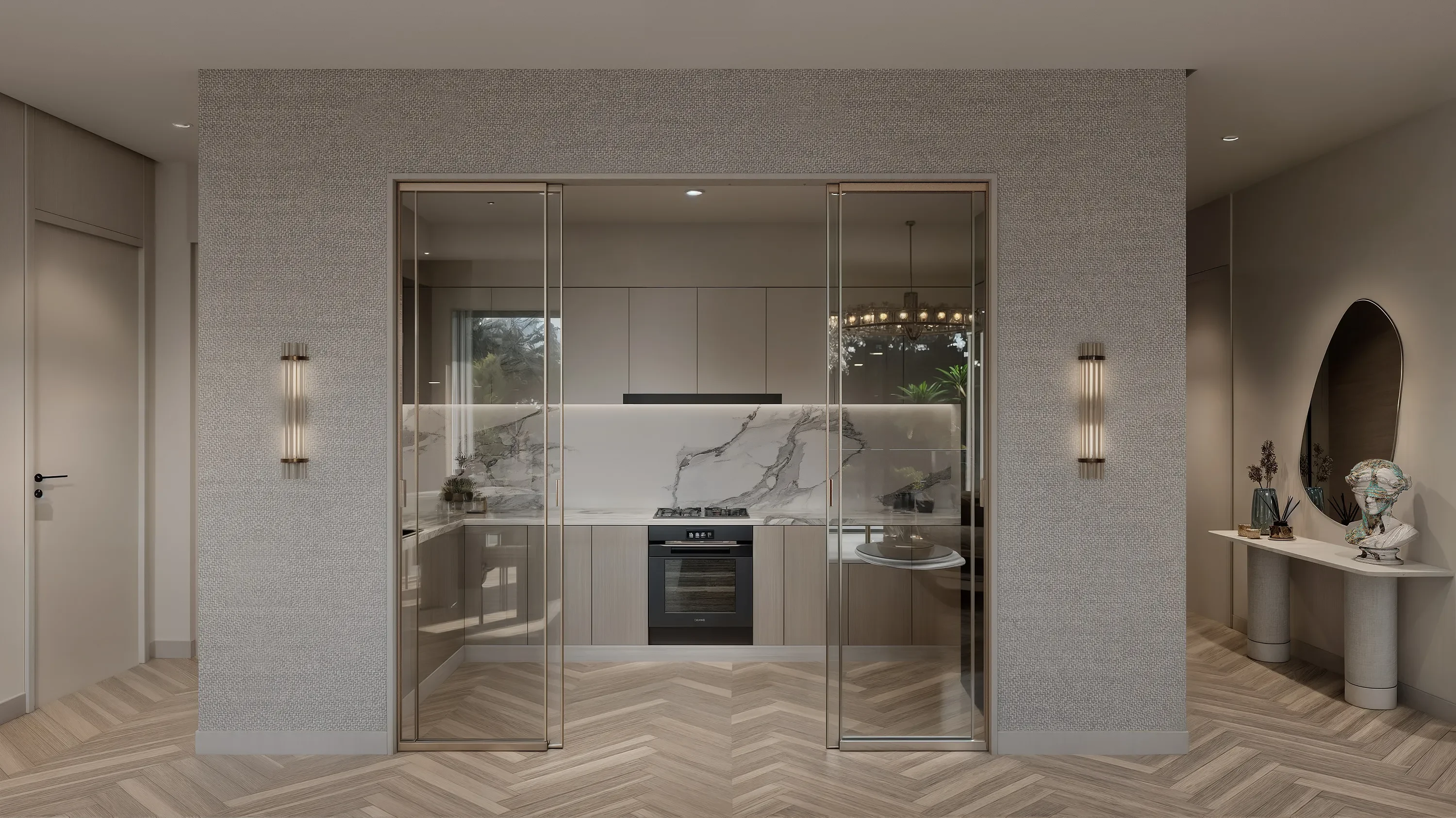 Kitchen rendering for Zephyr Apartments, Westlands, showing glass doors, pale cabinetry and a built-in oven.