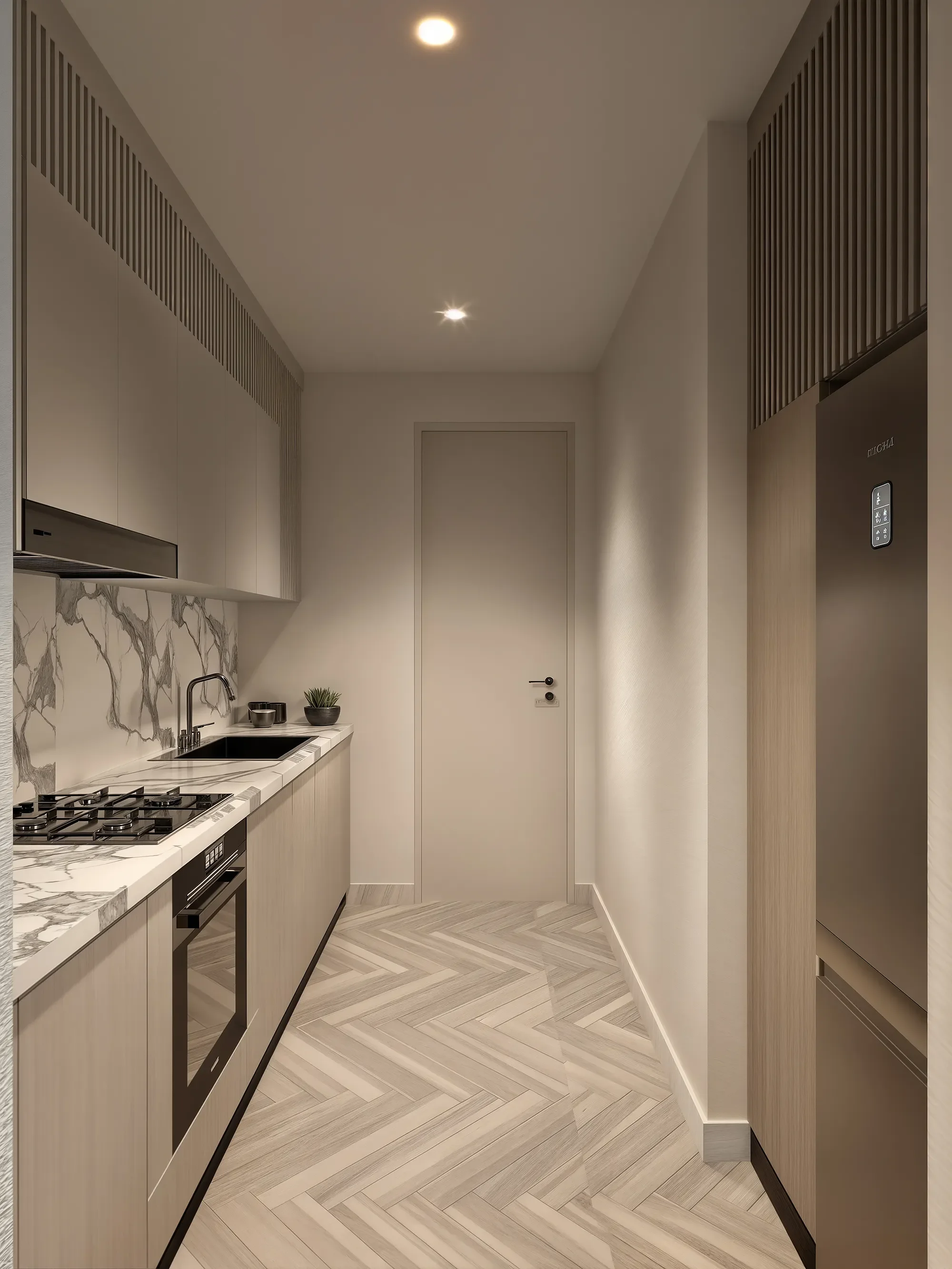 Kitchen rendering at Zephyr Apartments, Westlands, with a gas hob, built-in oven, sink and refrigerator.
