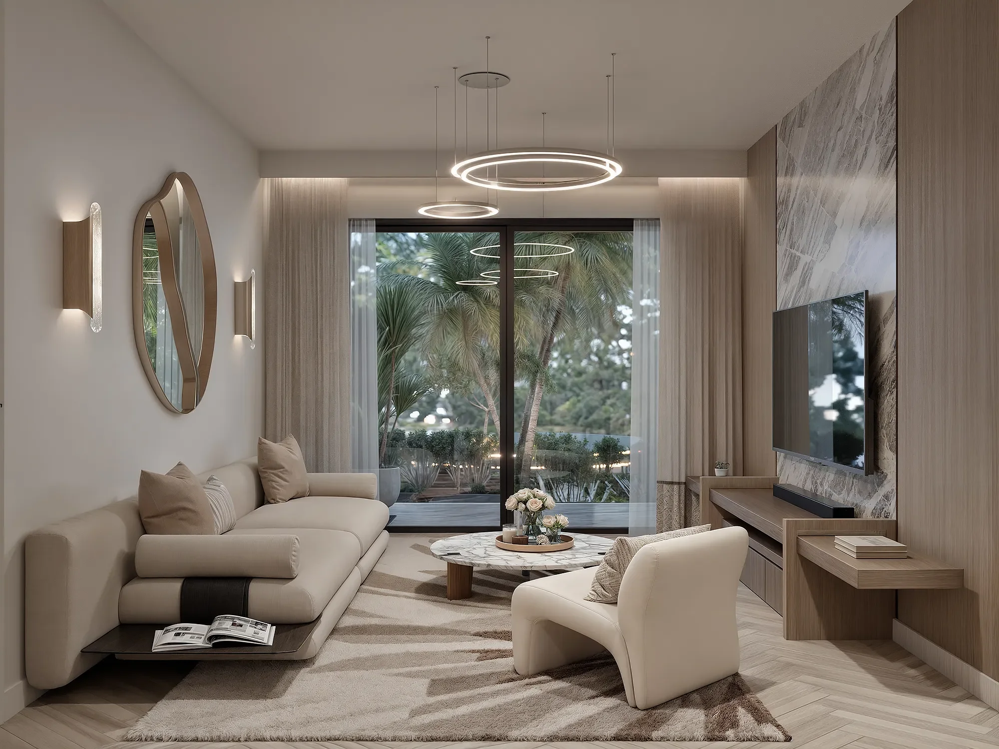 Living room rendering at Zephyr Apartments, Westlands, with cream seating, circular pendant lights and a wall-mounted TV.