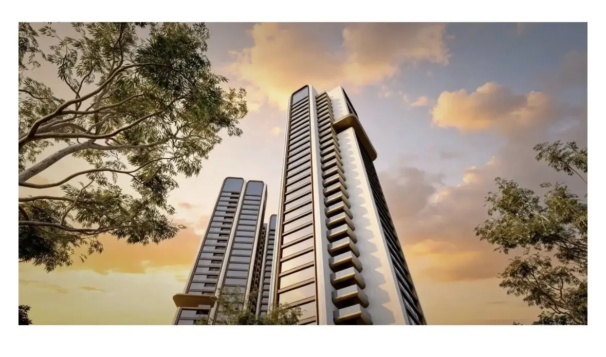 Low-angle rendering of Zephyr Apartments in Westlands, showing high-rise towers framed by trees at sunset.